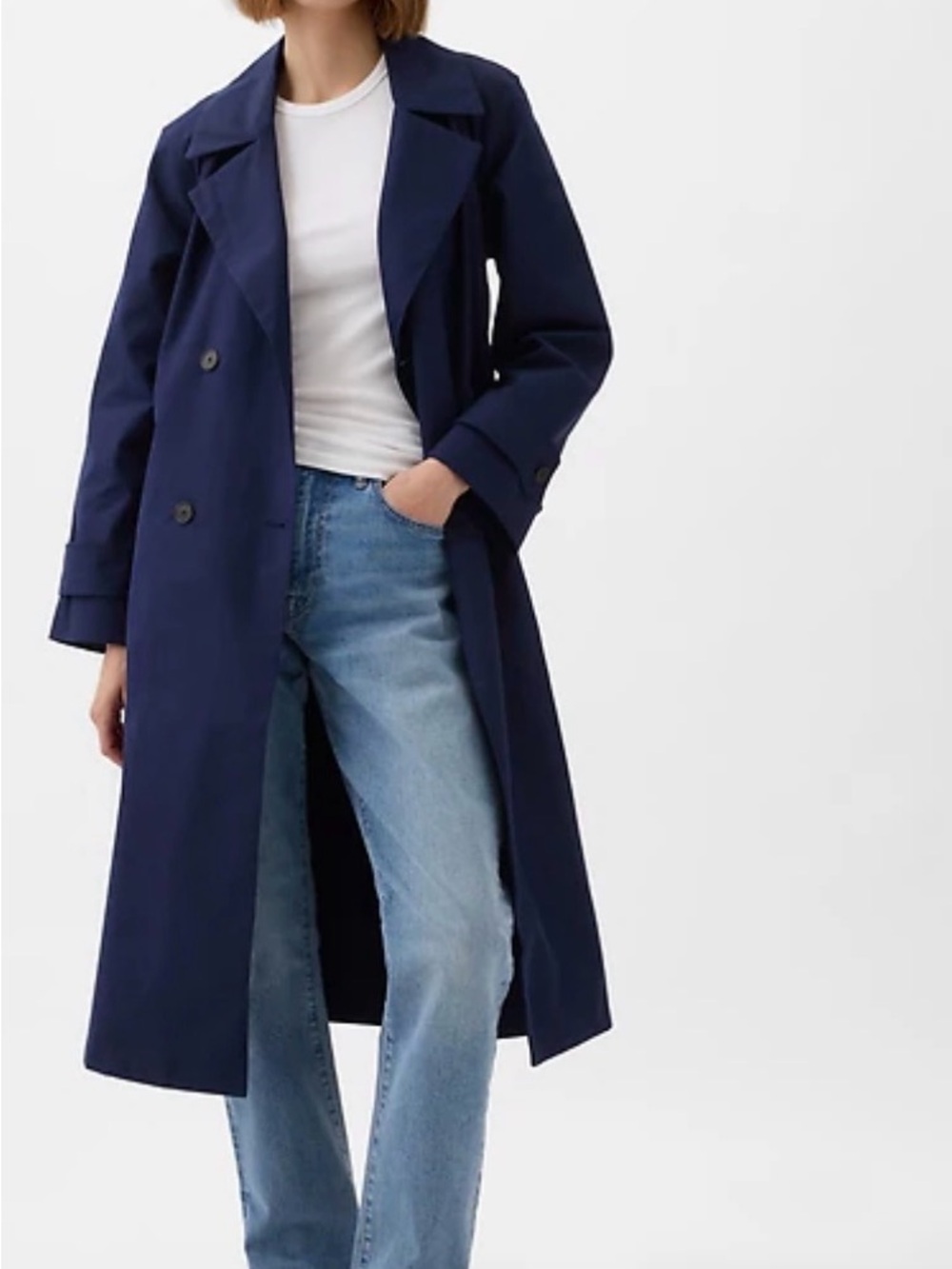 NWT Gap Navy Long Trench Coat Belted Double Breasted Size S